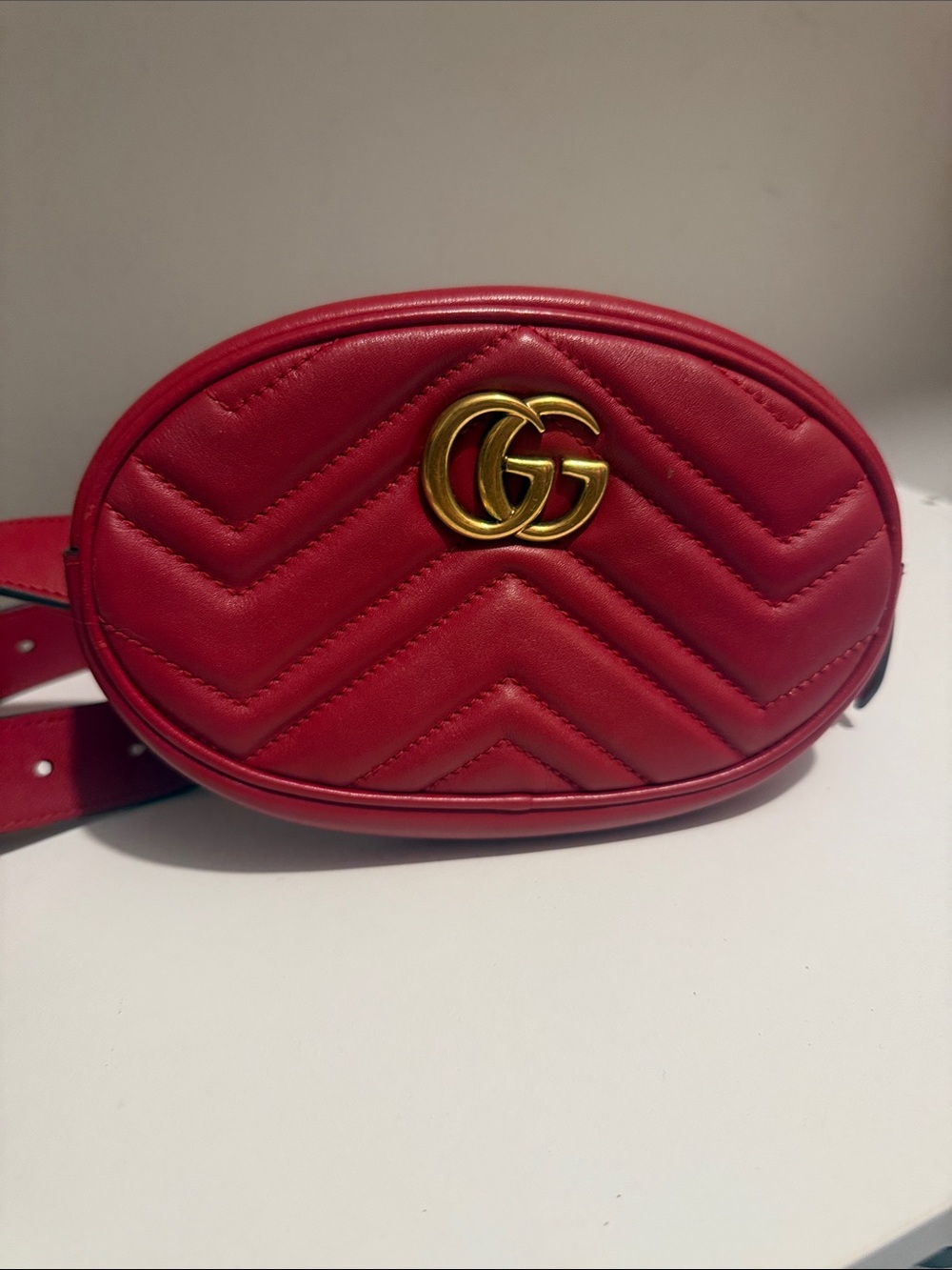 Gucci Red GG Marmont Quilted Oval Belt Bag with Gold Hardware